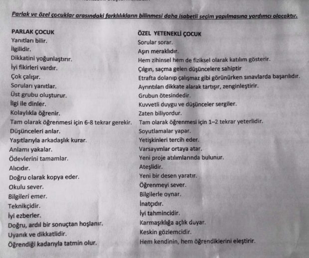 Çocuğunuz parlak bir öğrenci mi, yoksa özel yetenekli bir öğrenci mi ? Tabloyu inceleyerek ön fikir sahibi olabilirsiniz.